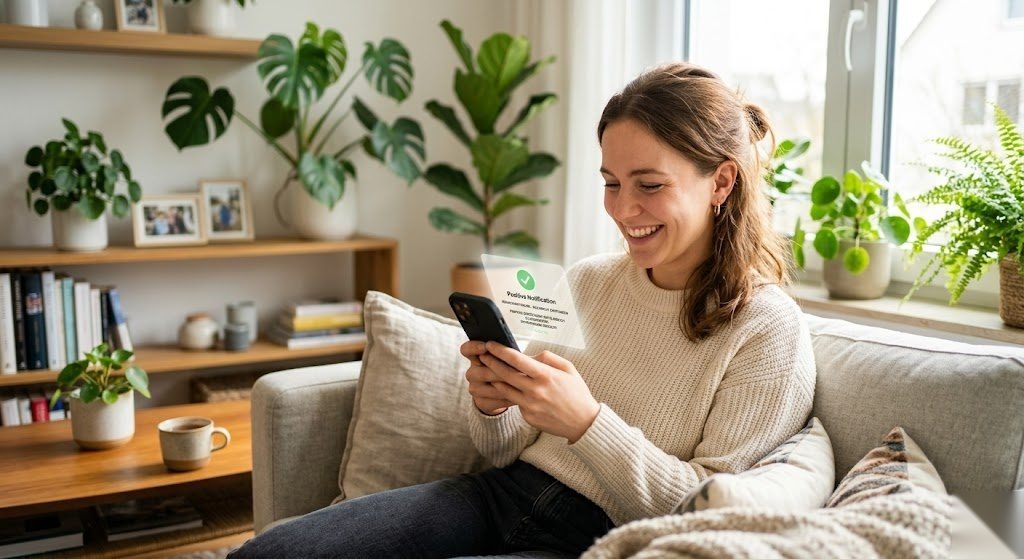 Person freut sich über einen verbesserten SCHUFA Score auf dem Smartphone in Deutschland