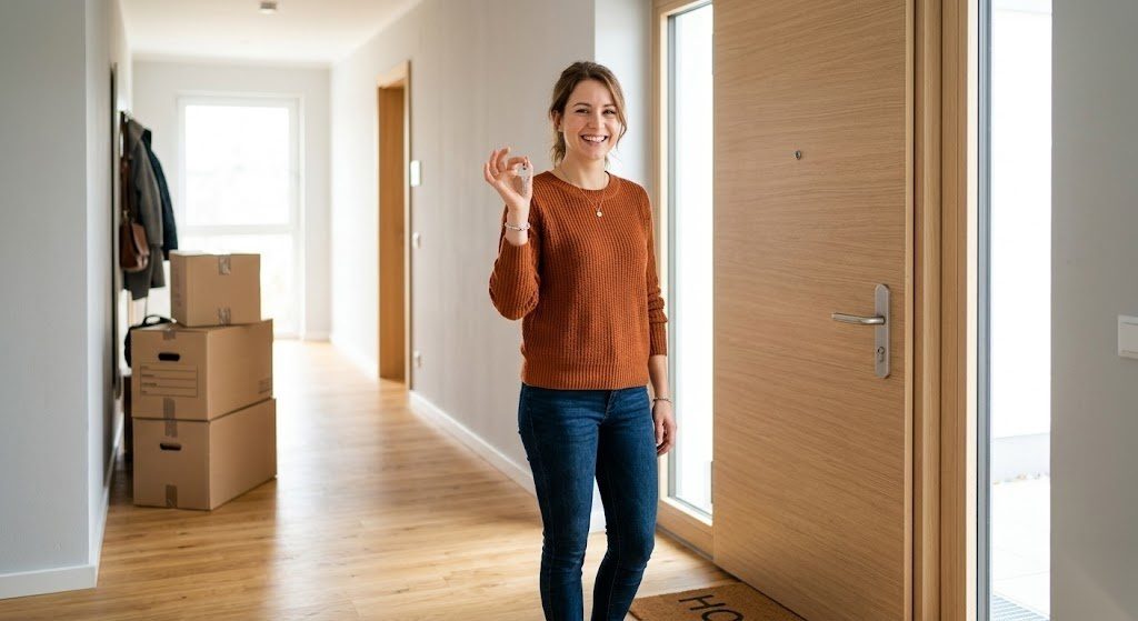 Person hält den Schlüssel ihrer neuen Wohnung in Deutschland nach erfolgreich unterzeichnetem Mietvertrag