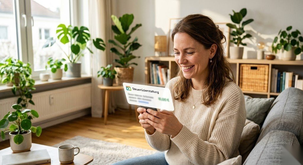 Person freut sich über ihre Steuererstattung vom Finanzamt nach erfolgreicher Steuererklärung in Deutschland