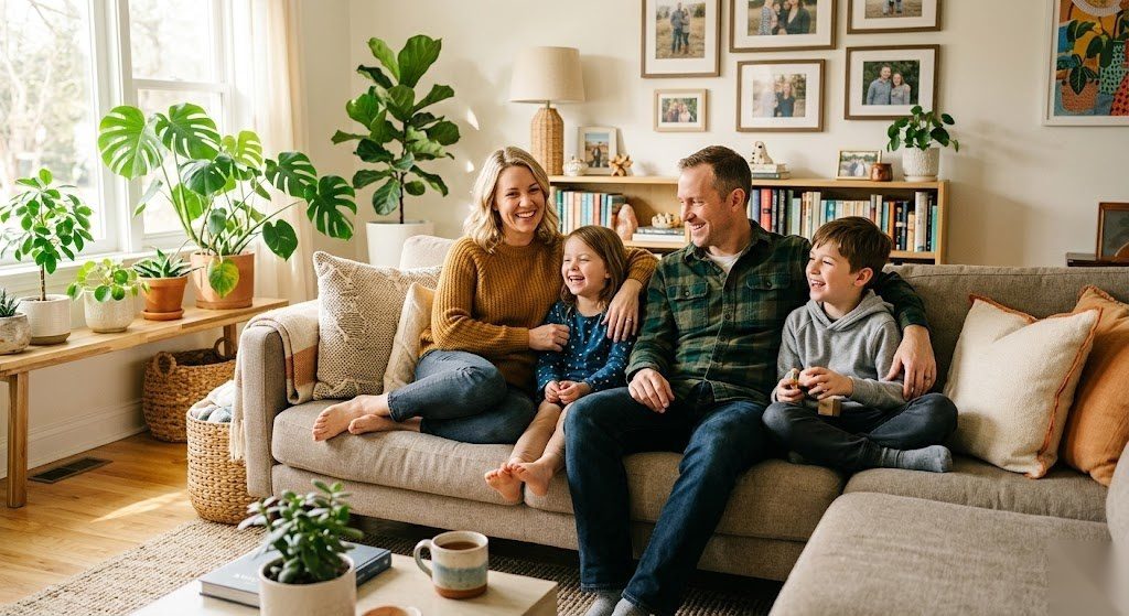 Familie fühlt sich durch eine private Unfallversicherung rundum abgesichert und wirkt entspannt und sorgenfrei