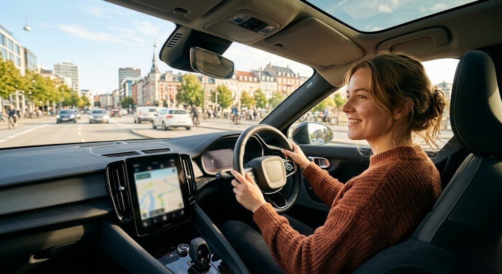 Person fährt entspannt mit dem Firmenwagen zur Arbeit in Deutschland