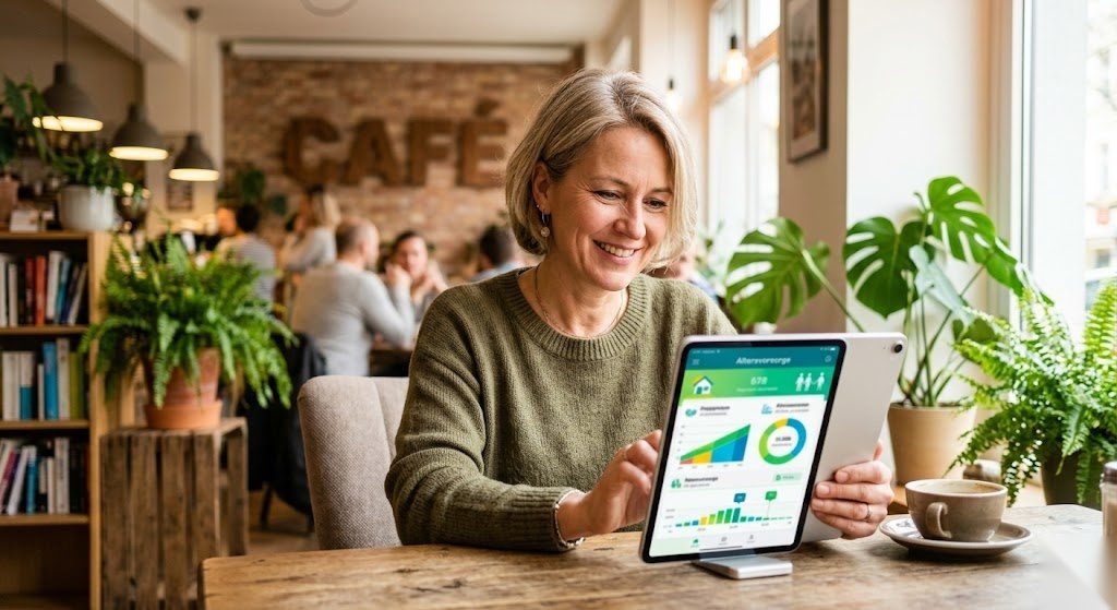 Selbstständige Person überprüft entspannt ihre Rürup-Rente auf dem Tablet und ist gut für das Alter abgesichert