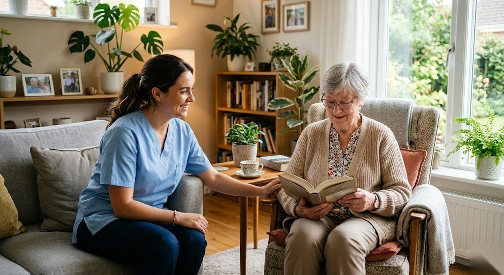 Pflegebedürftige Person verbringt Zeit mit ihrer pflegenden Angehörigen zu Hause dank finanzieller Unterstützung durch Pflegegeld in Deutschland