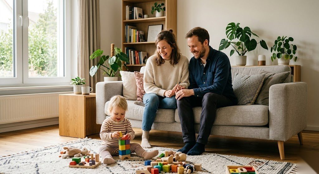 Familie genießt gemeinsame Zeit zu Hause während ein Elternteil Elternteilzeit nimmt in Deutschland