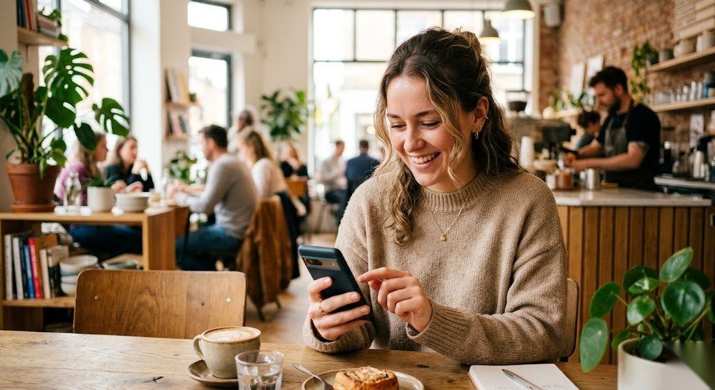 Person nutzt zufrieden ihr Smartphone mit dem richtigen Handyvertrag in Deutschland