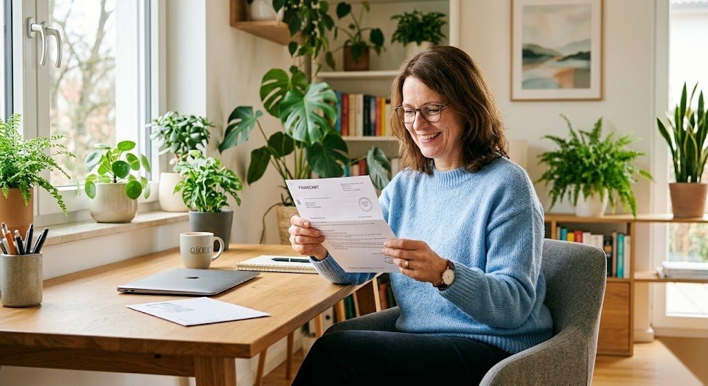 Person hält einen Brief vom Finanzamt mit der Steuernummer und wirkt entspannt und gut vorbereitet