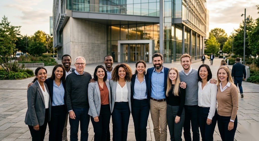 Team von Arbeitnehmern steht zusammen vor ihrem Betrieb als Symbol für den Erhalt von Arbeitsplätzen durch Kurzarbeitergeld in Deutschland