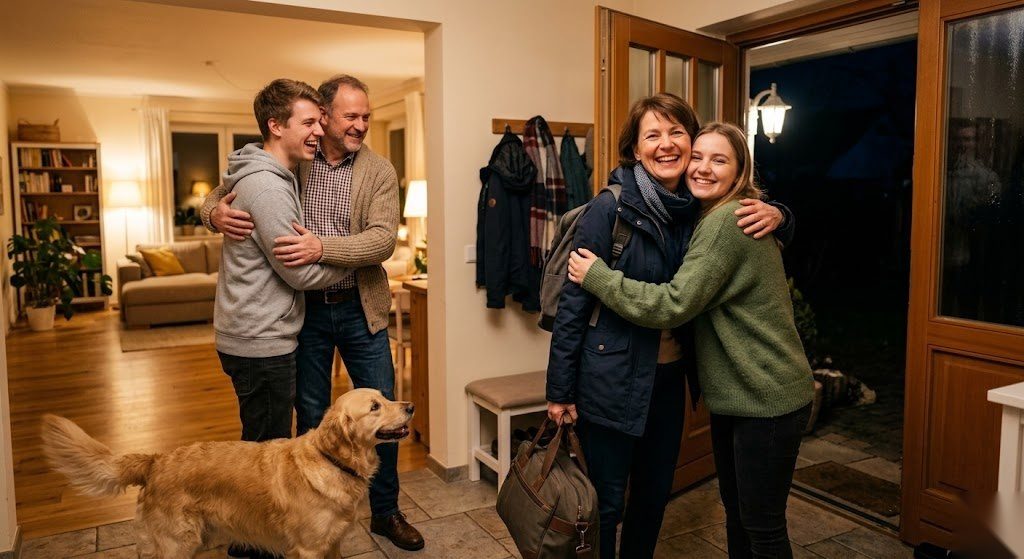 Person kommt am Wochenende nach Hause zu ihrer Familie als Symbol für die doppelte Haushaltsführung und die steuerlichen Vorteile in Deutschland