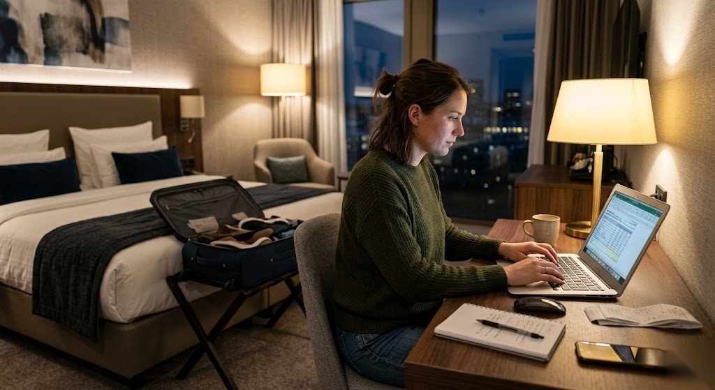 Person erstellt nach einer Dienstreise ihre Reisekostenabrechnung im Hotelzimmer in Deutschland