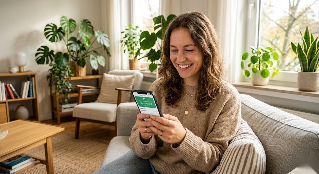 Person ist zufrieden mit ihrem berechneten Nettolohn und hat ihre Gehaltsabzüge in Deutschland vollständig verstanden