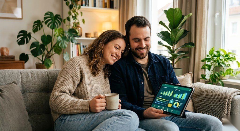 Paar plant gemeinsam ihre finanzielle Zukunft mit einem ETF Sparplan in Deutschland und blickt optimistisch voraus