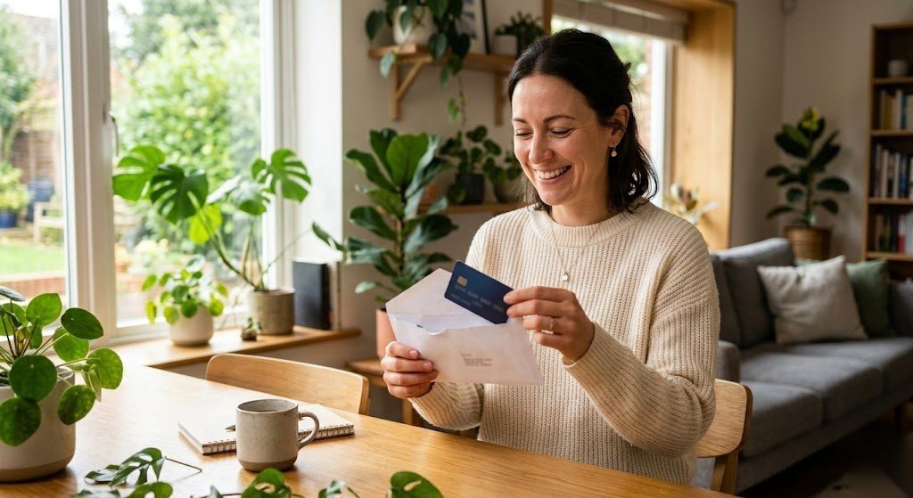 Person erhält ihre neue Girokonto-Karte und freut sich über ihr kostenloses Konto in Deutschland