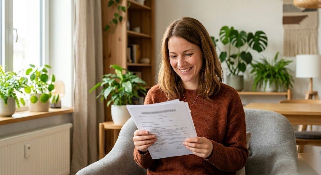 Person hält ihre Haftpflichtversicherungspolice in der Hand und fühlt sich in Deutschland gut abgesichert