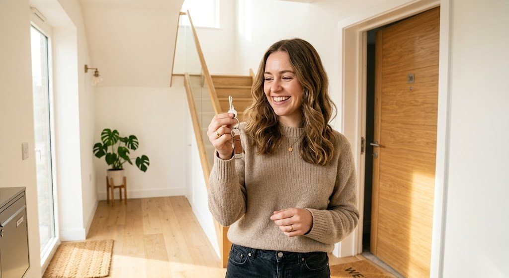 Person hält den Schlüssel ihrer neuen Wohnung in Deutschland und hat den Mietvertrag gut geprüft und unterschrieben