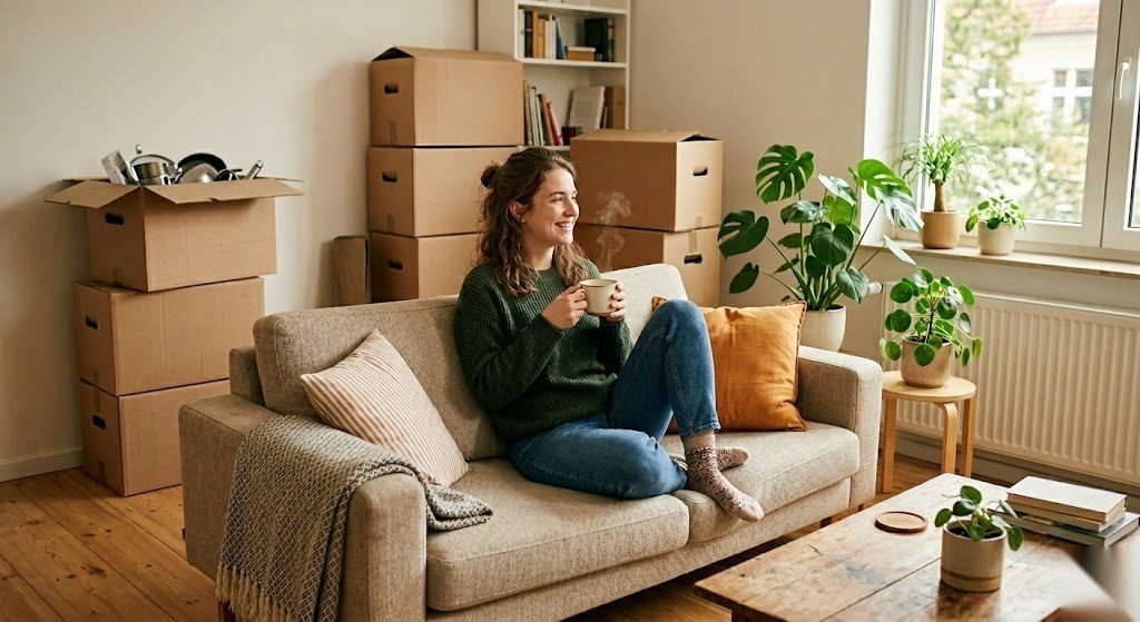 Person sitzt entspannt in ihrer neu bezogenen Mietwohnung in Deutschland und freut sich über den gelungenen Einzug