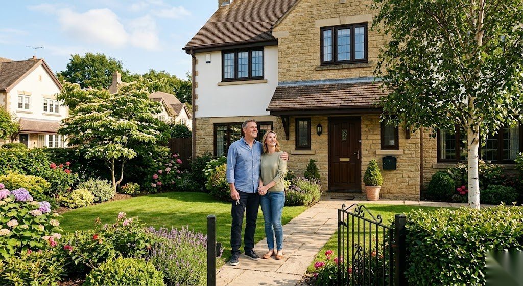 Paar steht zufrieden vor ihrem Haus in Deutschland und hat die neue Grundsteuer nach der Reform vollständig verstanden