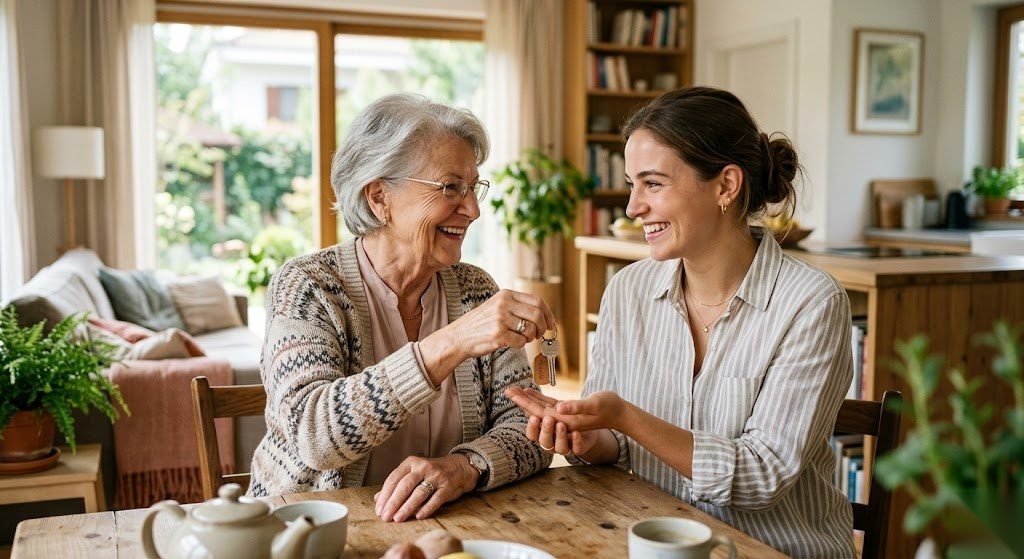 Ältere Person übergibt symbolisch Eigentum an die nächste Generation durch eine gut geplante und steueroptimierte Erbschaft in Deutschland