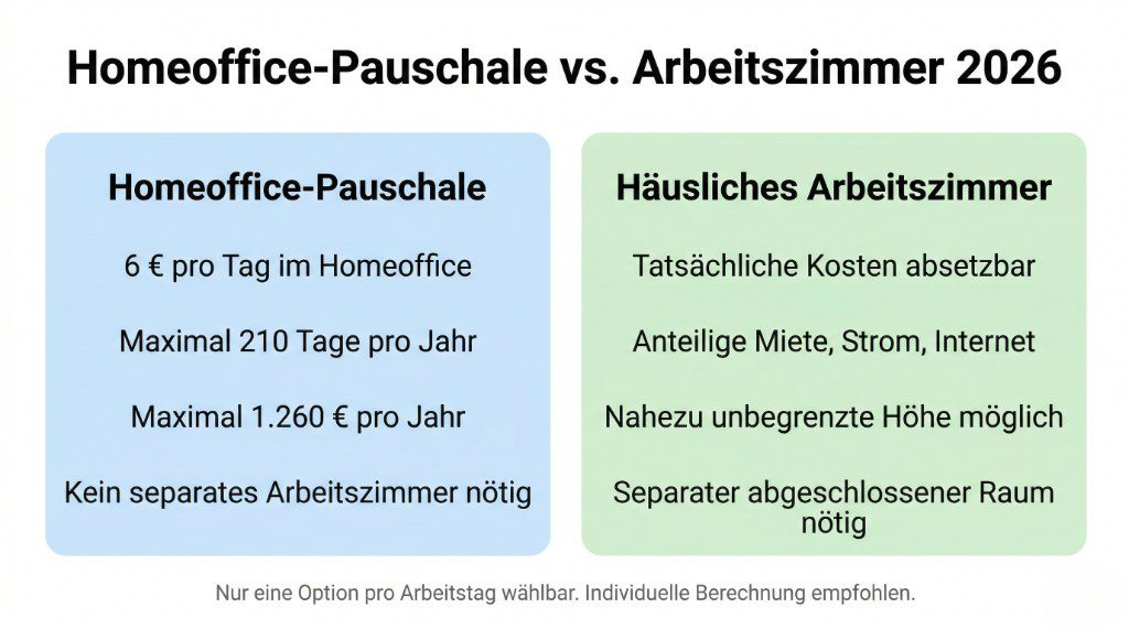 Infografik zum Vergleich zwischen Homeoffice-Pauschale und häuslichem Arbeitszimmer 2026 mit Beträgen und Voraussetzungen