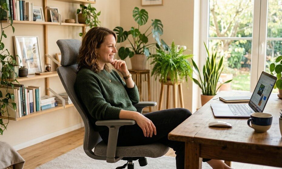 Person arbeitet im Homeoffice an einem hellen Schreibtisch und kann die Homeoffice-Pauschale steuerlich absetzen