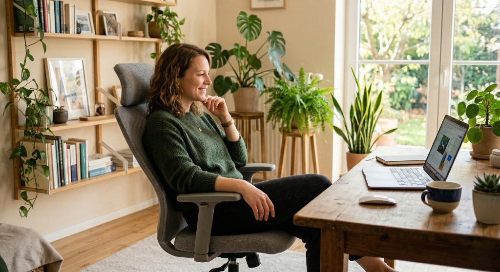 Person arbeitet im Homeoffice an einem hellen Schreibtisch und kann die Homeoffice-Pauschale steuerlich absetzen