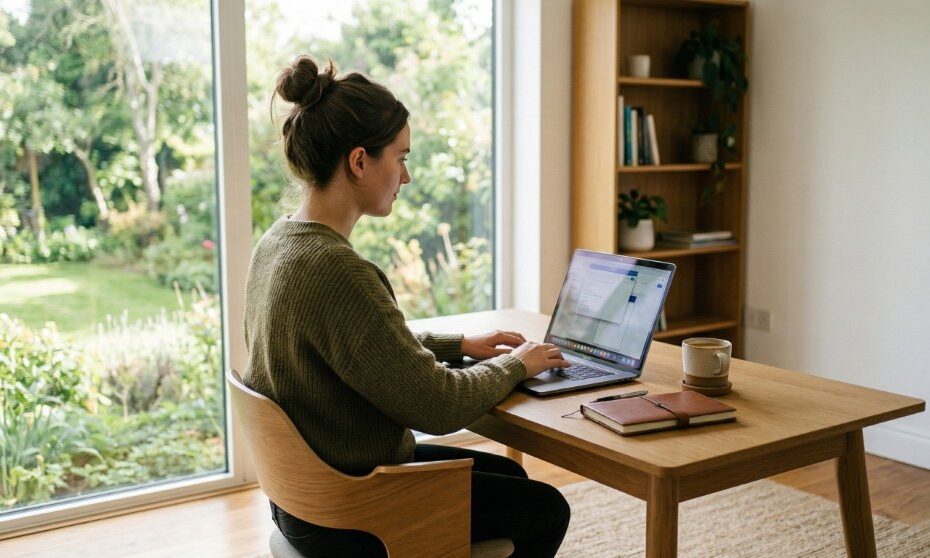 Zufriedene Person im Homeoffice nach erfolgreich eingereichter Steuererklärung mit Homeoffice-Pauschale