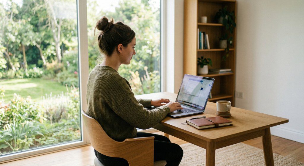 Zufriedene Person im Homeoffice nach erfolgreich eingereichter Steuererklärung mit Homeoffice-Pauschale