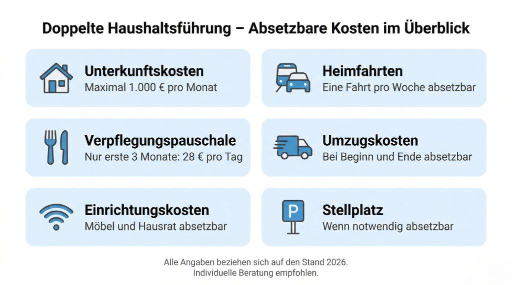 Infografik mit den absetzbaren Kosten bei doppelter Haushaltsführung 2026 inklusive Unterkunft, Heimfahrten, Verpflegung und Einrichtungskosten