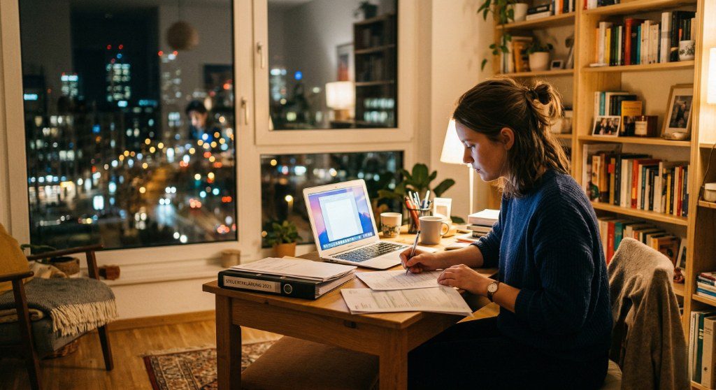 Person füllt in ihrer Zweitwohnung die Steuererklärung für die doppelte Haushaltsführung aus