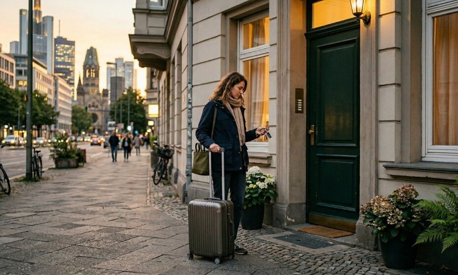 Person mit Koffer vor einer Zweitwohnung am Arbeitsort als Symbol für doppelte Haushaltsführung in Deutschland