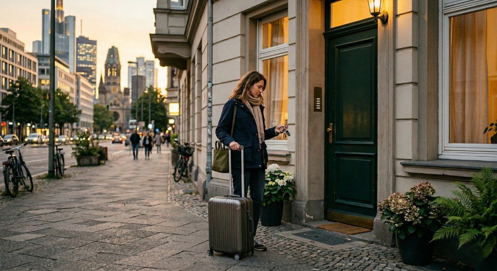 Person mit Koffer vor einer Zweitwohnung am Arbeitsort als Symbol für doppelte Haushaltsführung in Deutschland